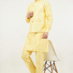 Men’s Light Yellow Jacquard Modi Jacket With Silk Kurta Pajama