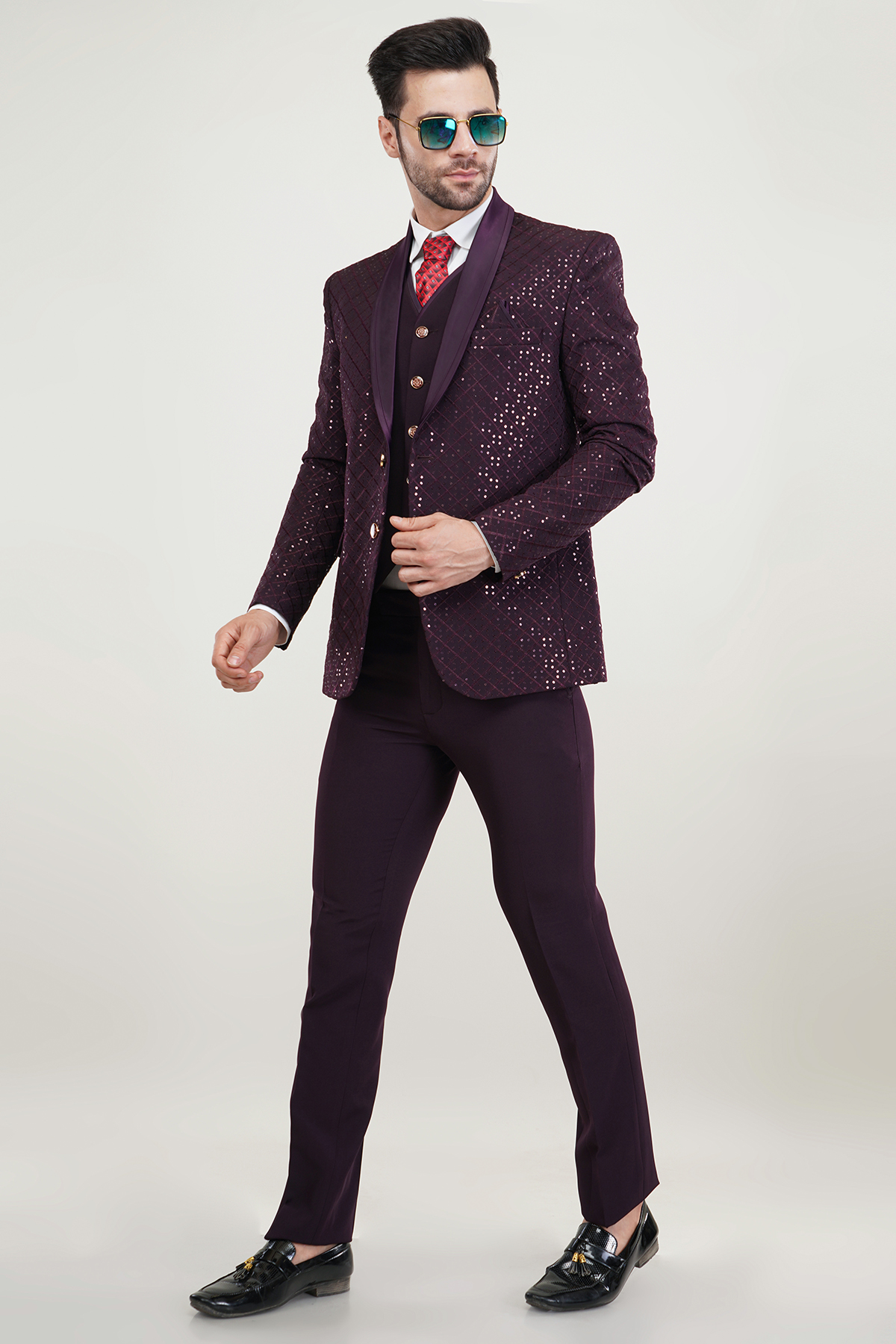 Men’s Maroon Sequins Embroidered Tuxedo 3 Piece Suit